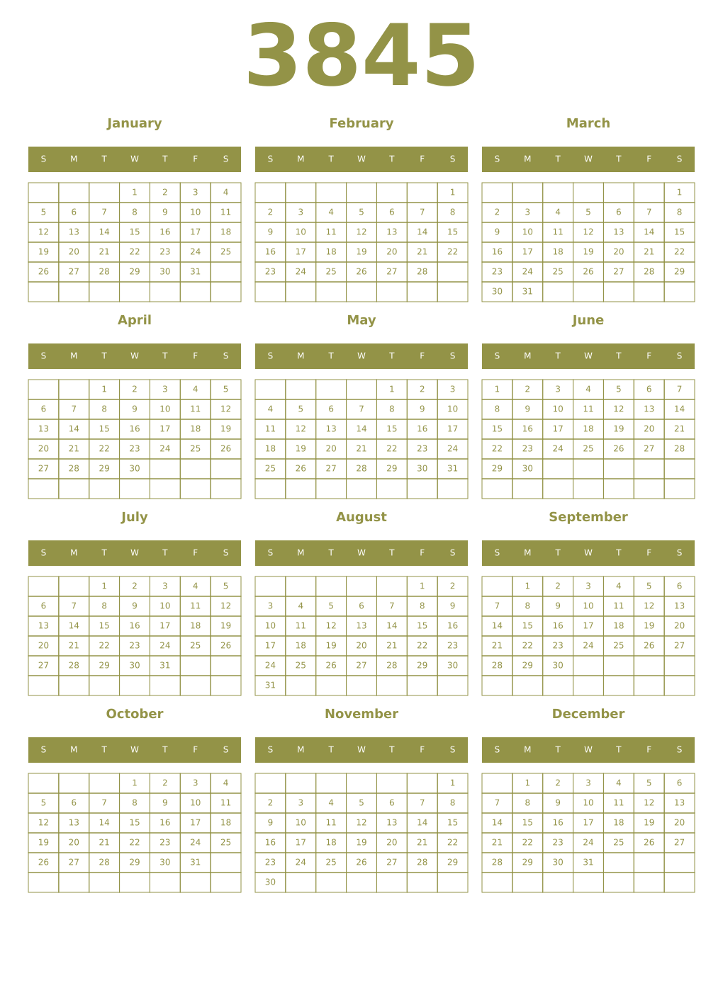 Printable 3845 Year Calendars eburnean