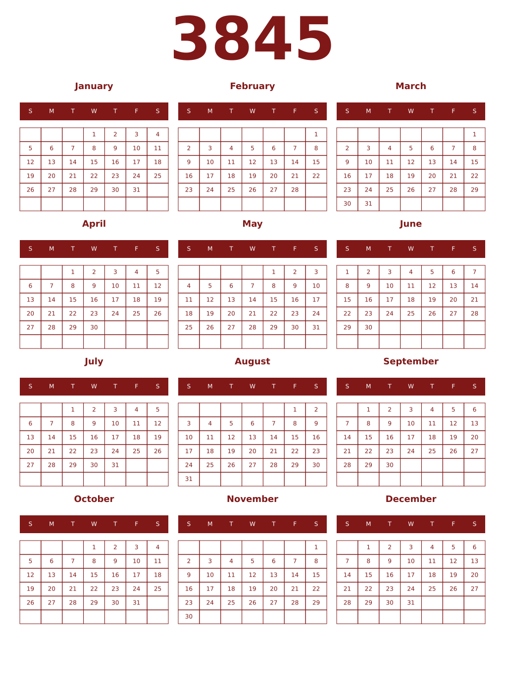 Printable 3845 Year Calendars falu