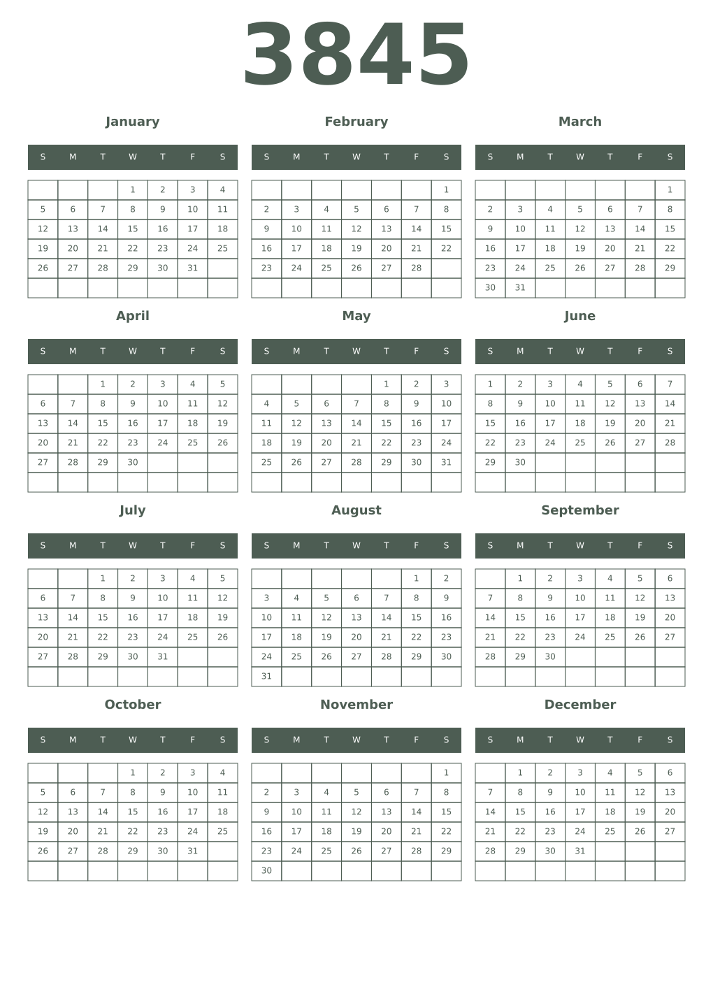 Printable 3845 Year Calendars feldgrau