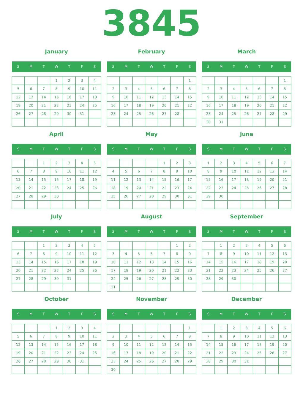 Printable 3845 Year Calendars green