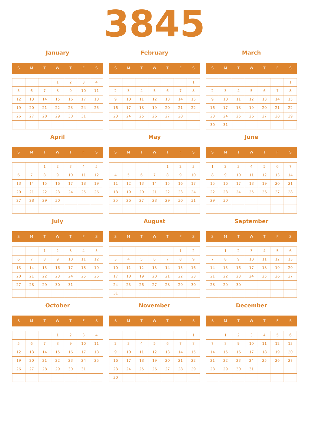 Printable 3845 Year Calendars orange