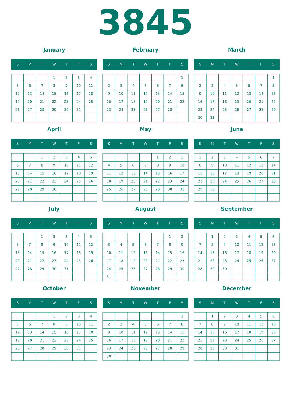 Printable 3845 Year Calendars pastel