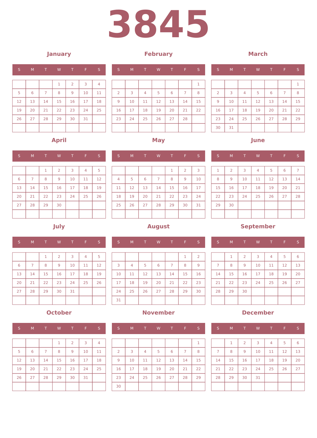 Printable 3845 Year Calendars puce