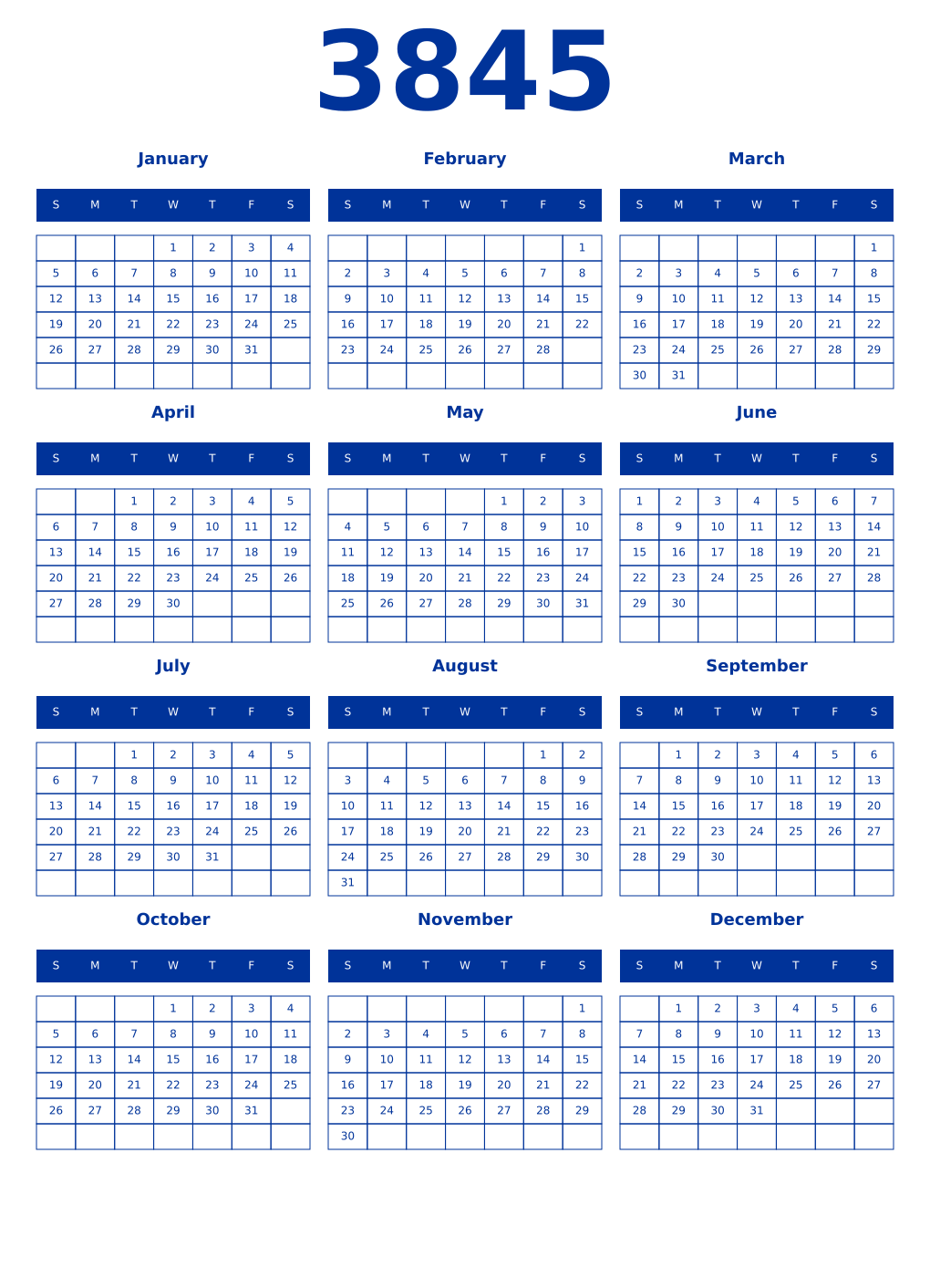 Printable 3845 Year Calendars smalt
