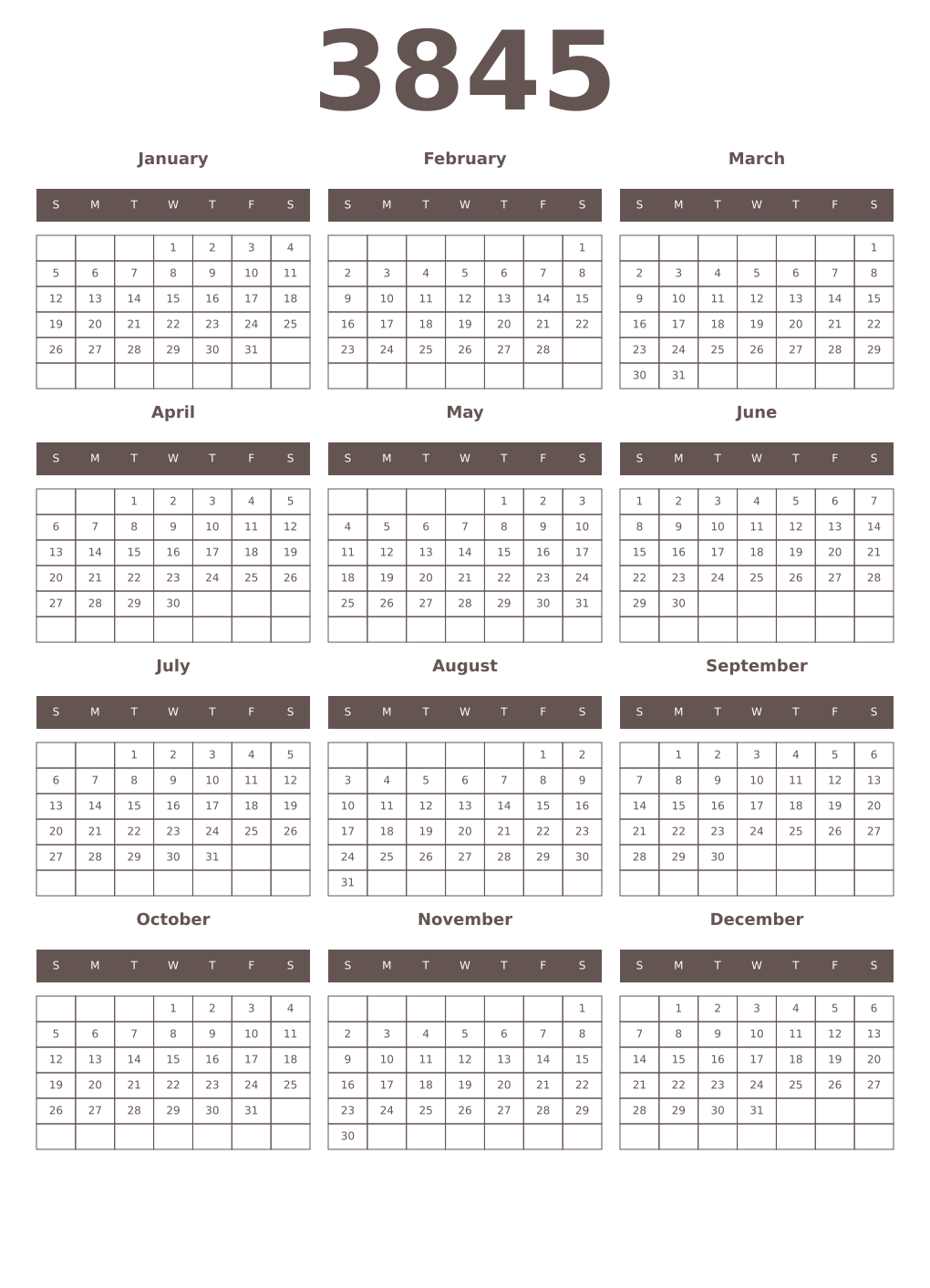 Printable 3845 Year Calendars wenge