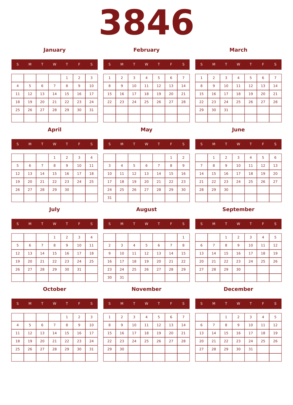 Printable 3846 Year Calendars falu
