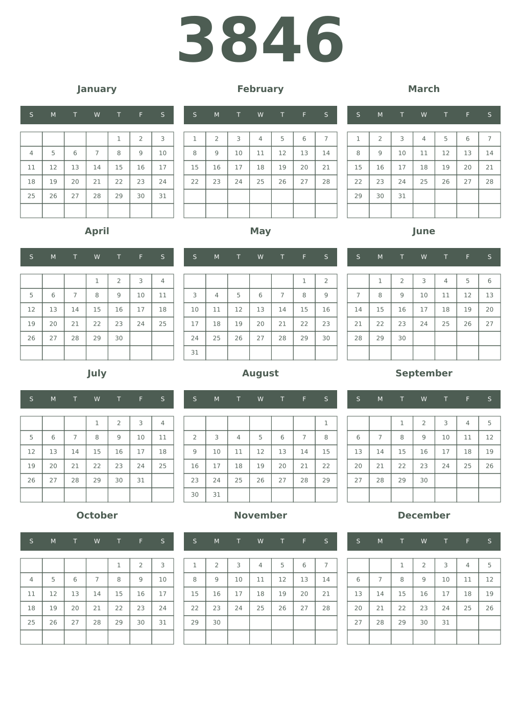 Printable 3846 Year Calendars feldgrau