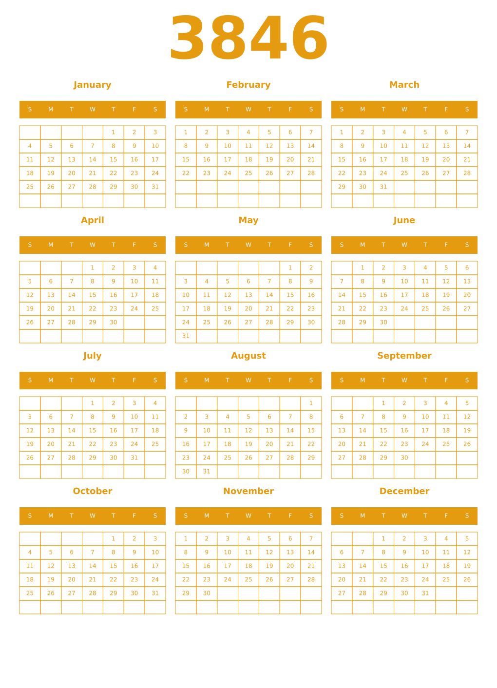 Printable 3846 Year Calendars gamboge