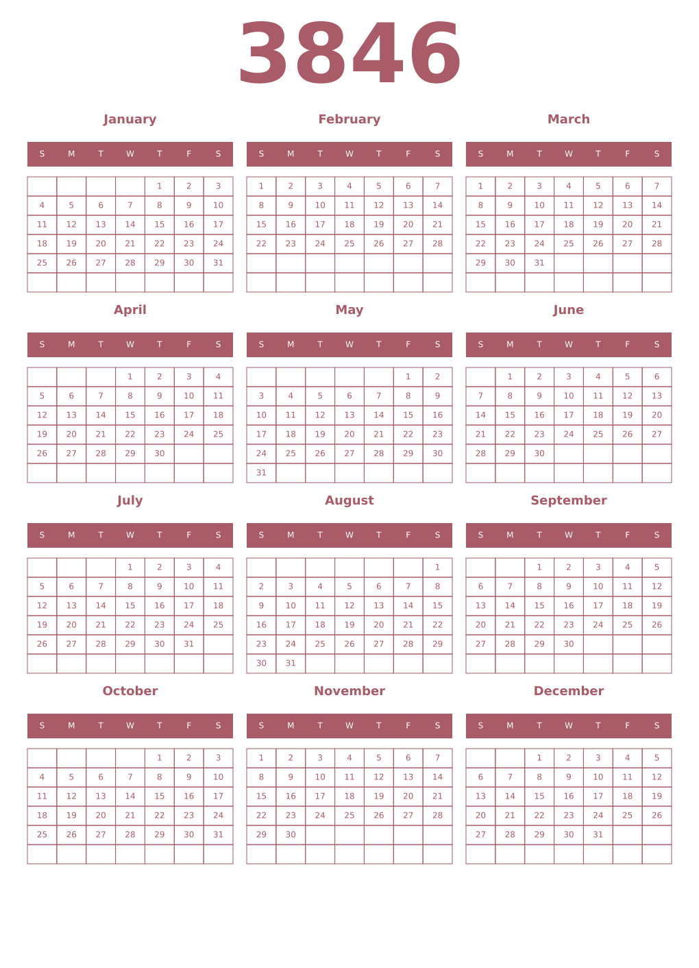 Printable 3846 Year Calendars puce