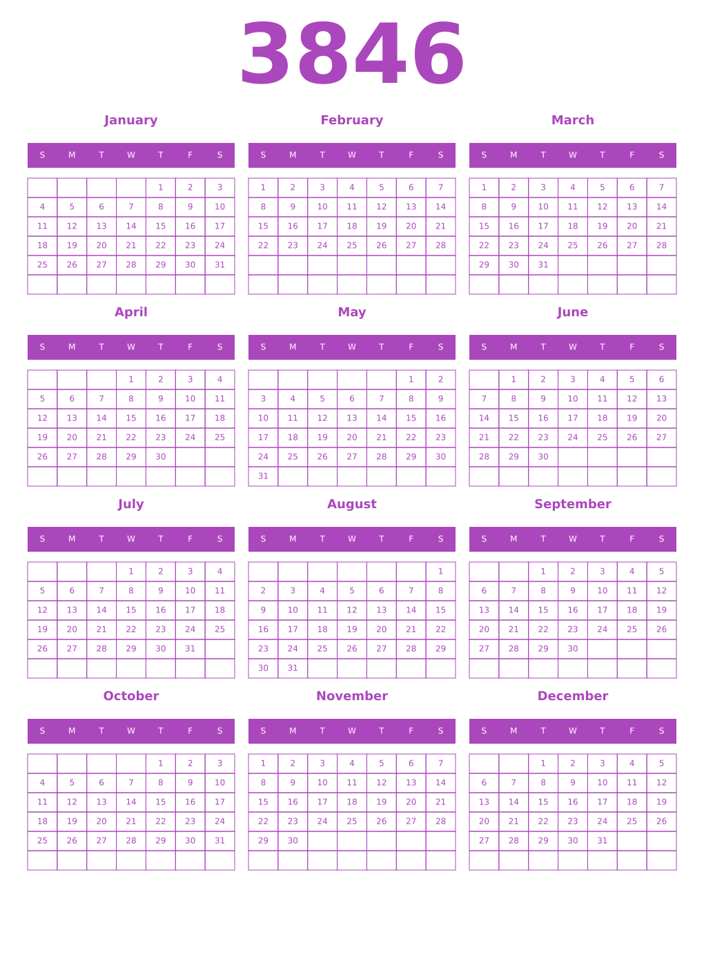 Printable 3846 Year Calendars purple