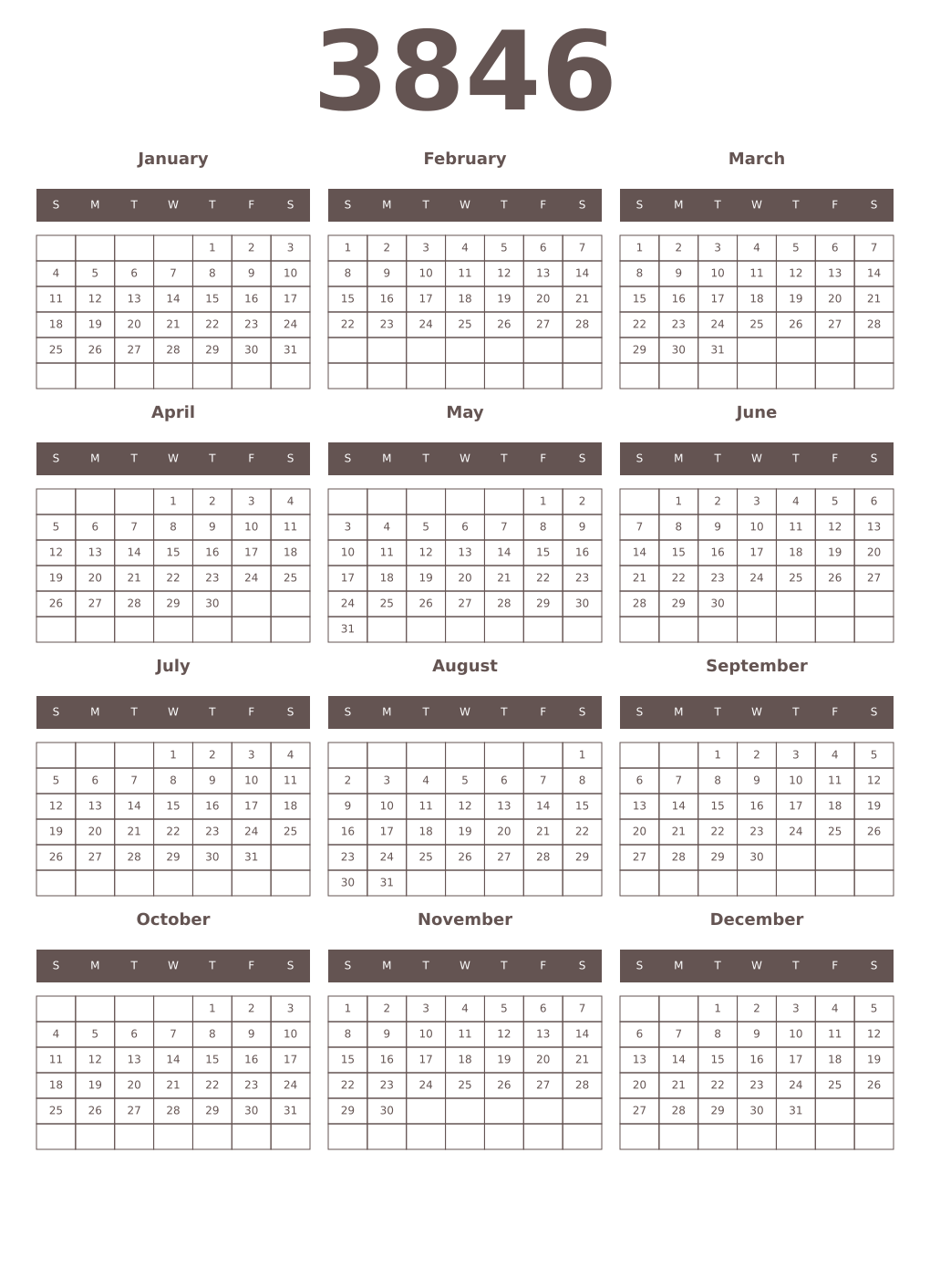 Printable 3846 Year Calendars wenge