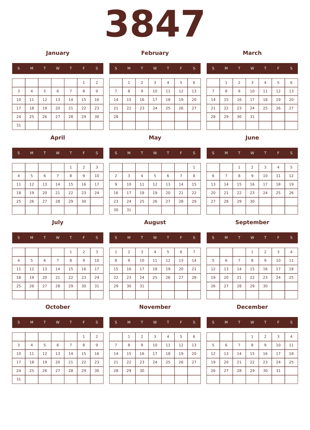 Printable 3847 Year Calendars mortuum