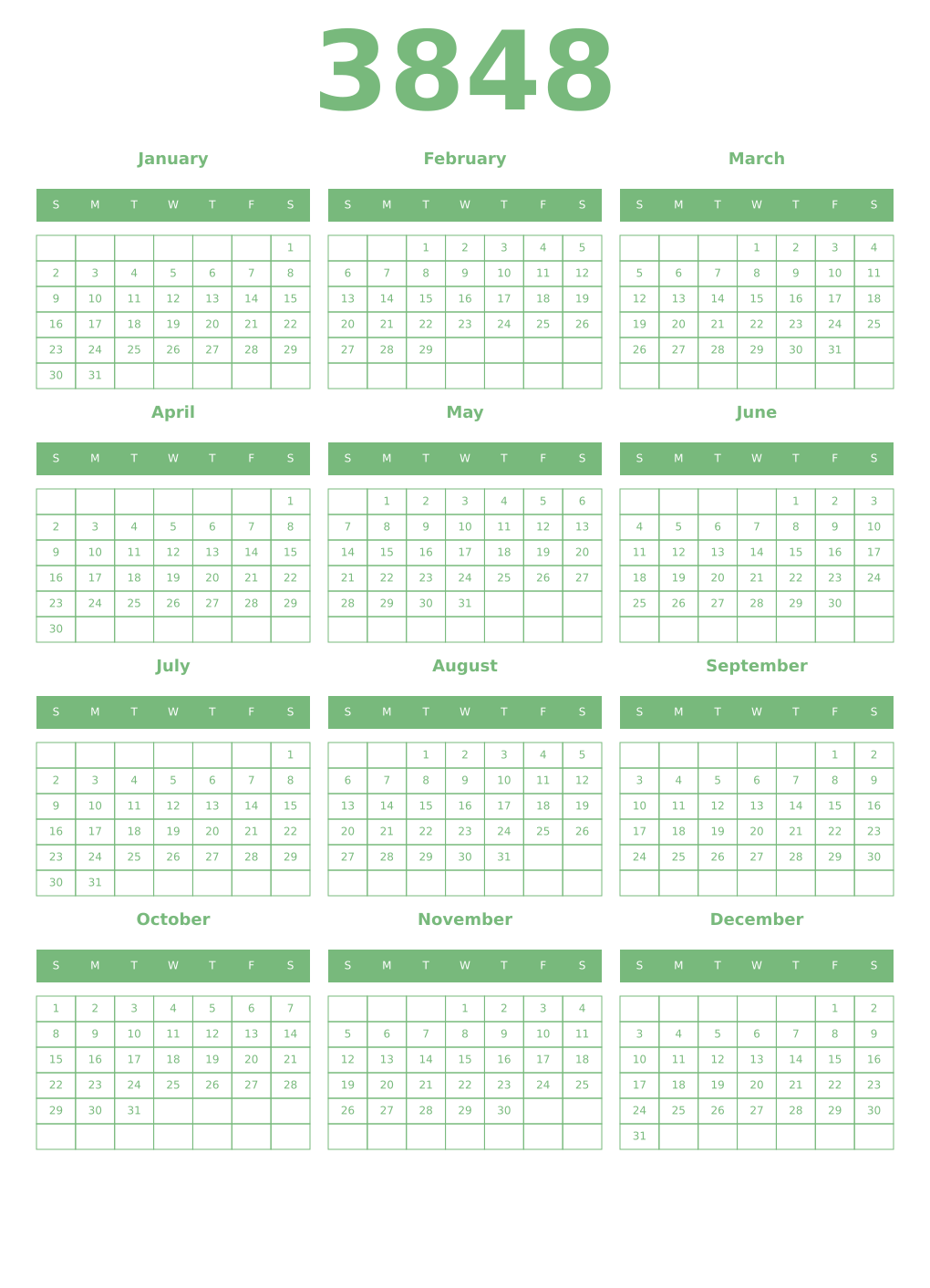 Printable 3848 Year Calendars celadon