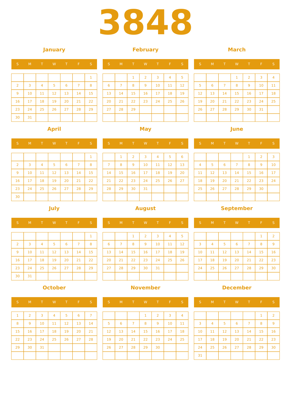 Printable 3848 Year Calendars gamboge