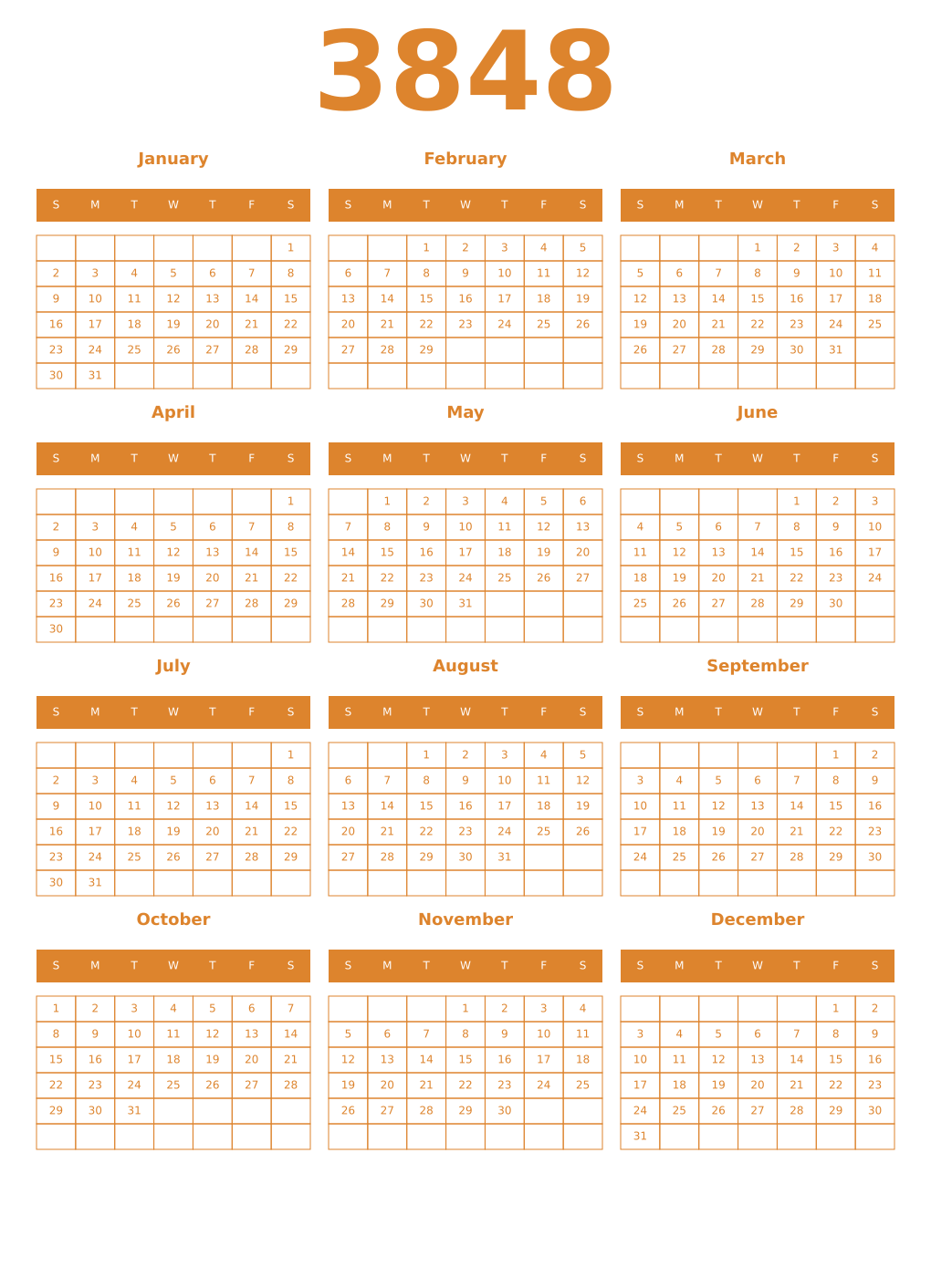 Printable 3848 Year Calendars orange