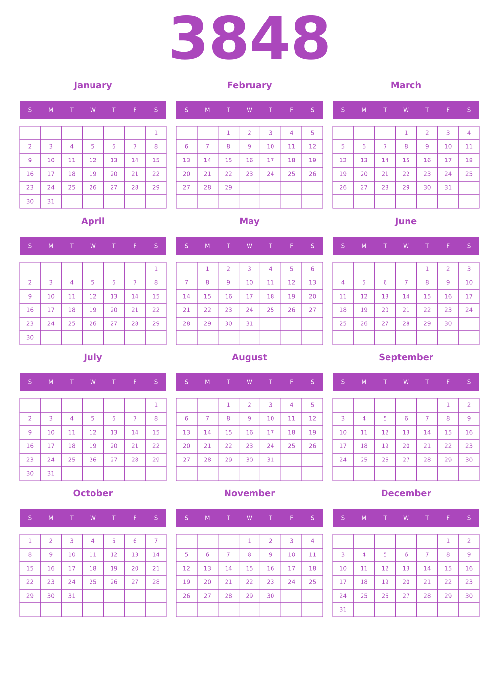 Printable 3848 Year Calendars purple
