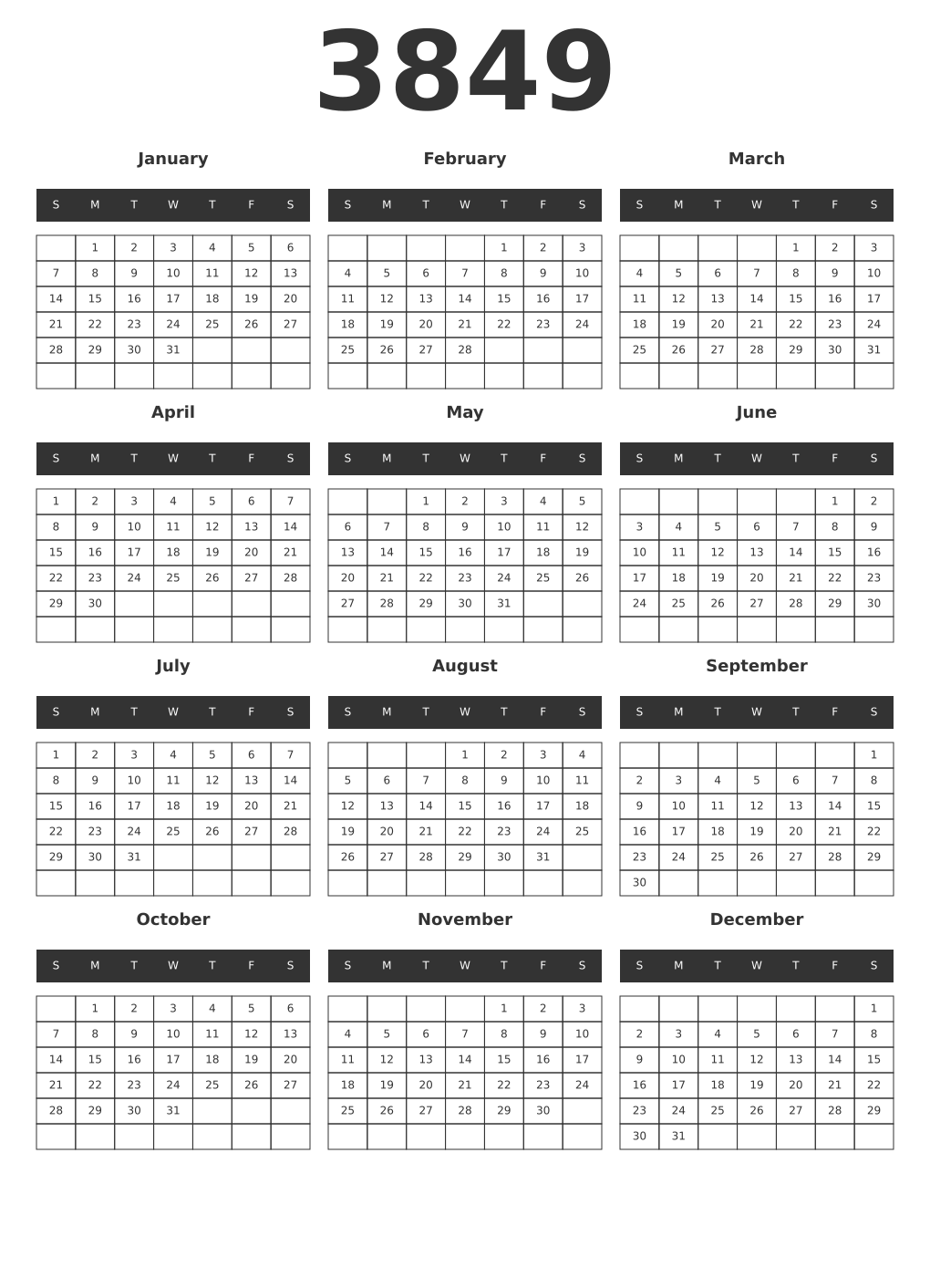 Printable 3849 Year Calendars dark
