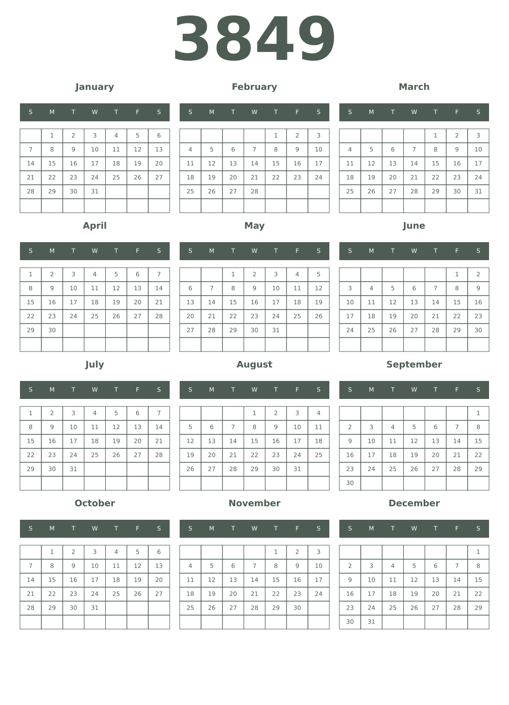 Printable 3849 Year Calendars feldgrau