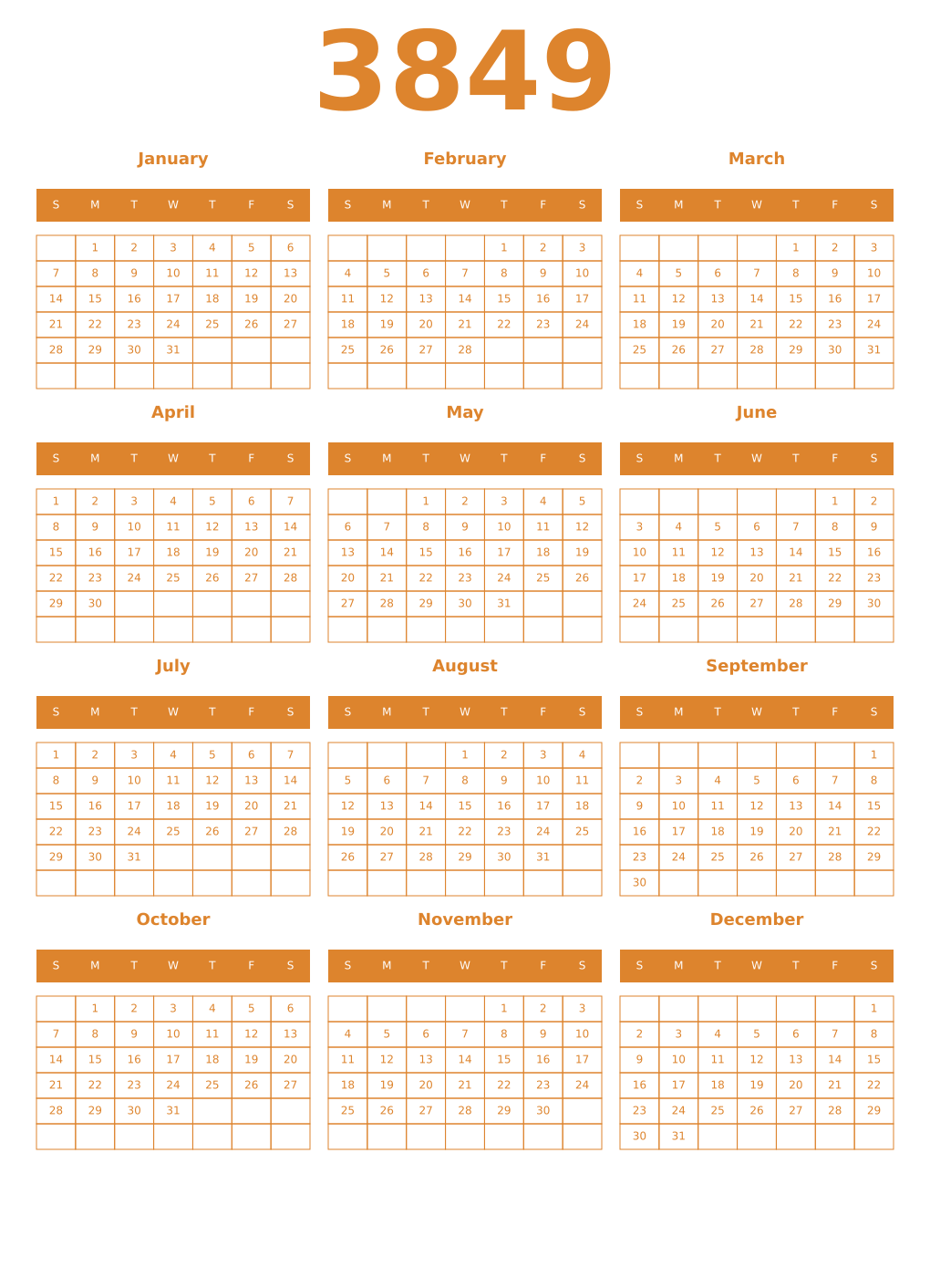 Printable 3849 Year Calendars orange