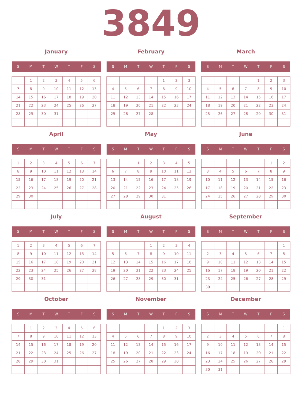 Printable 3849 Year Calendars puce