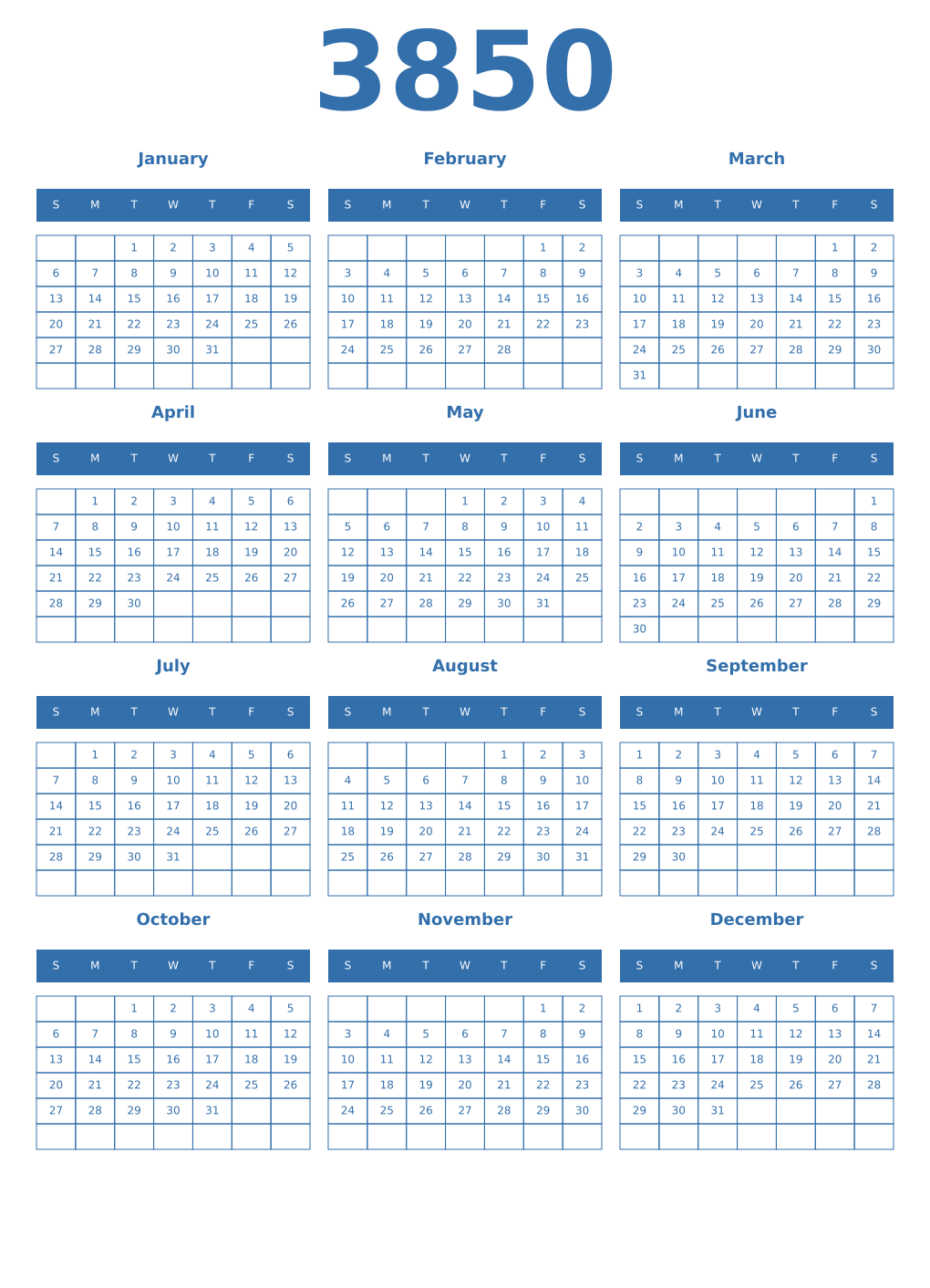 Printable 3850 Year Calendars blue