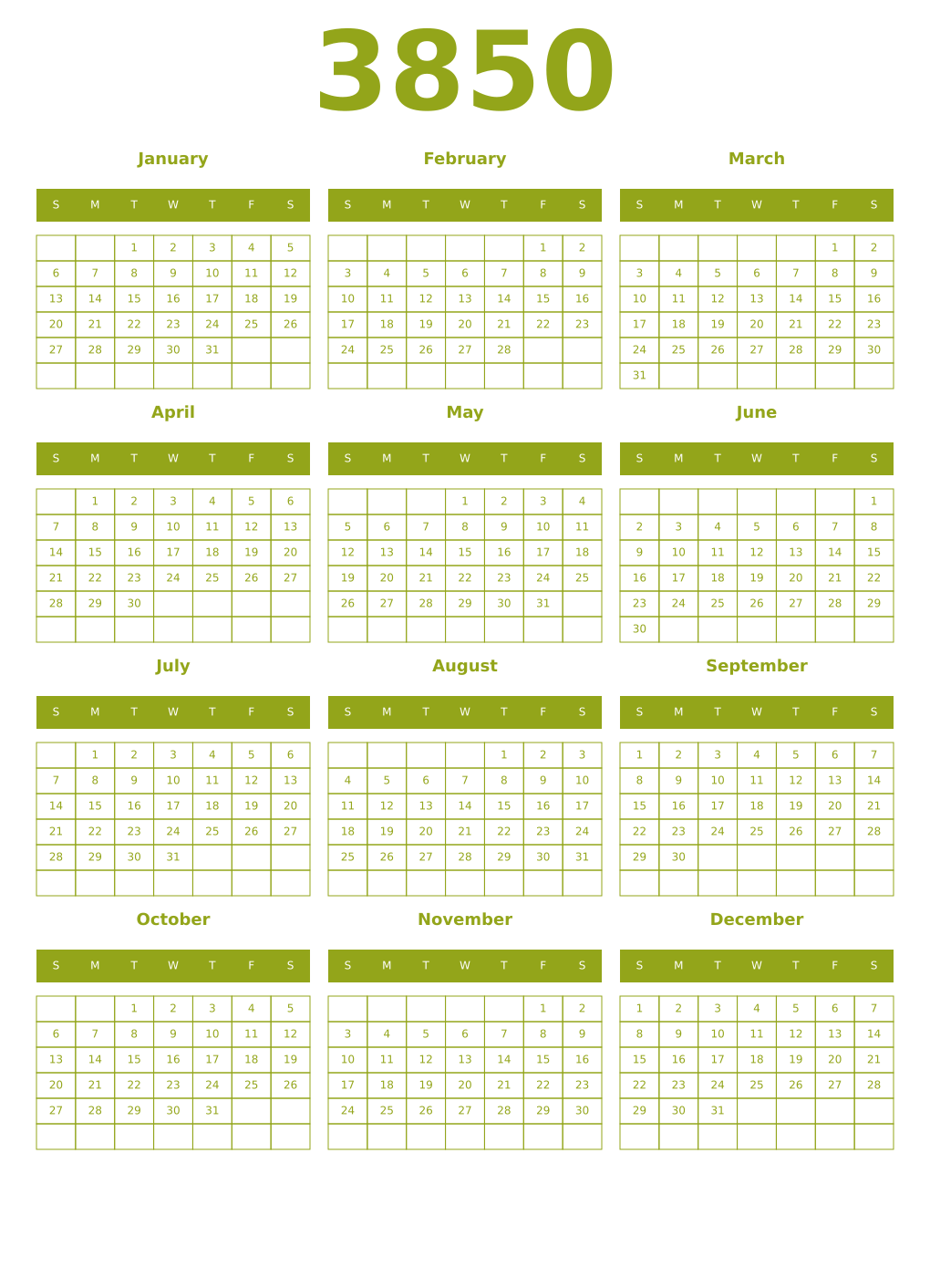 Printable 3850 Year Calendars chartreuse