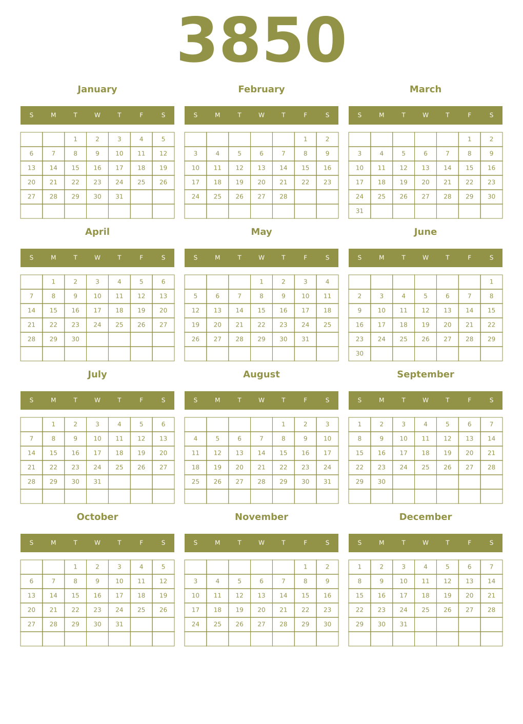 Printable 3850 Year Calendars eburnean