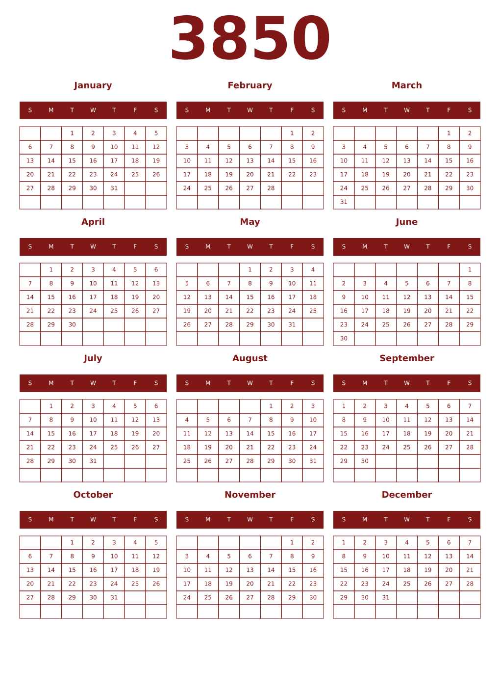 Printable 3850 Year Calendars falu