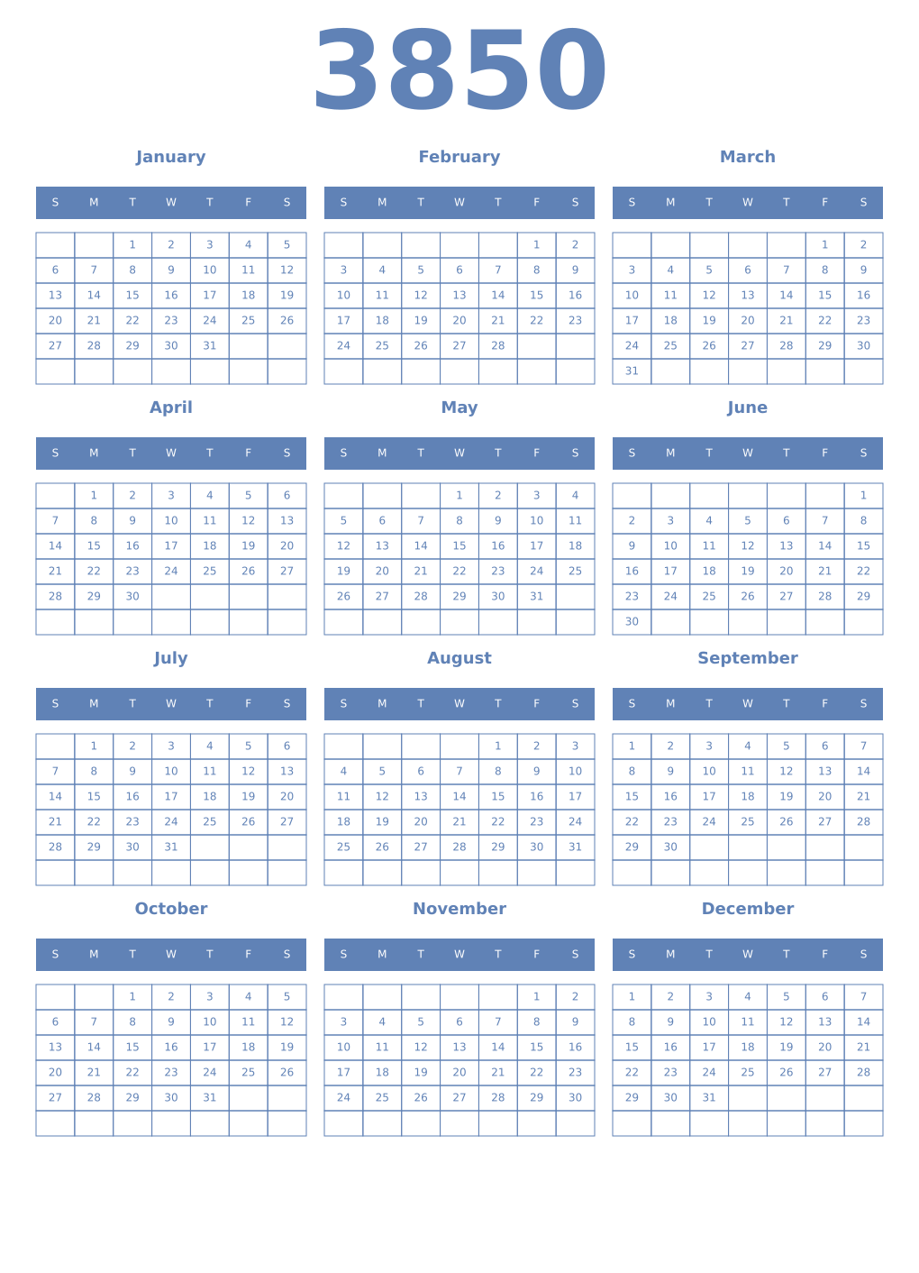 Printable 3850 Year Calendars glaucous