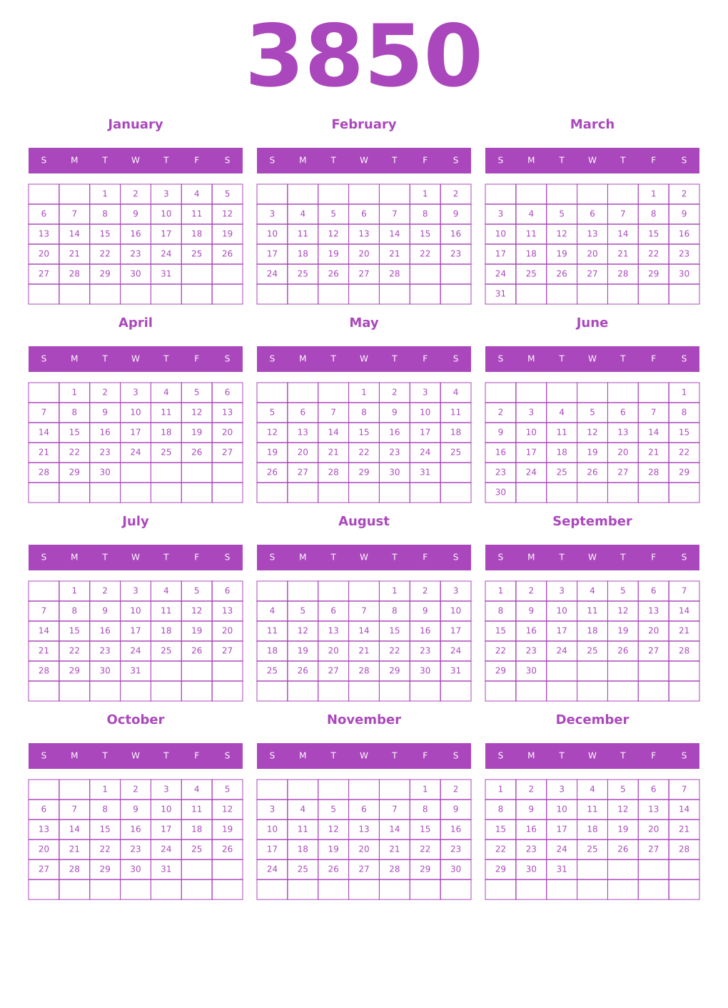 Printable 3850 Year Calendars purple