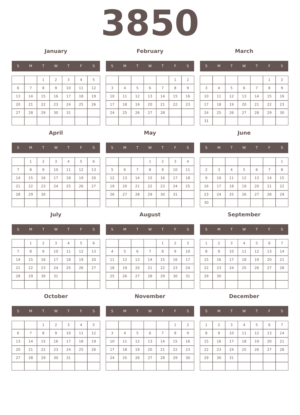 Printable 3850 Year Calendars wenge