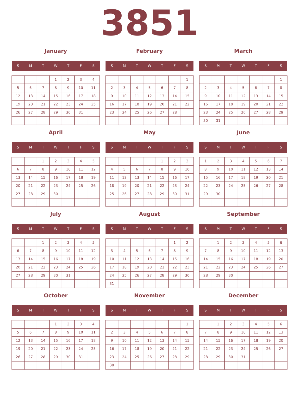 Printable 3851 Year Calendars cordovan