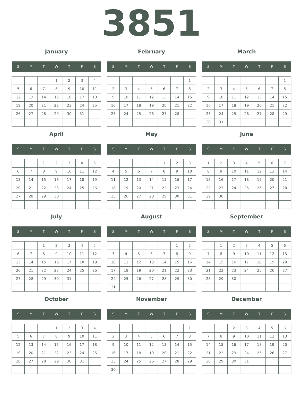 Printable 3851 Year Calendars feldgrau
