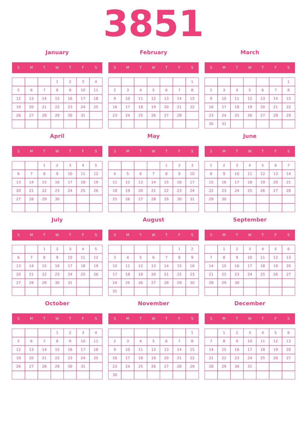 Printable 3851 Year Calendars pink