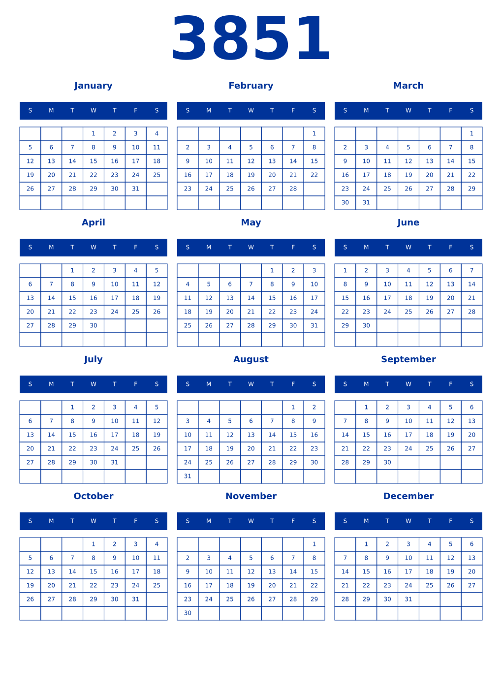 Printable 3851 Year Calendars smalt