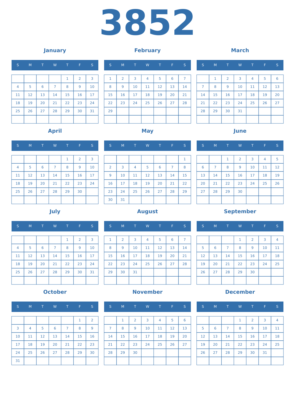 Printable 3852 Year Calendars blue