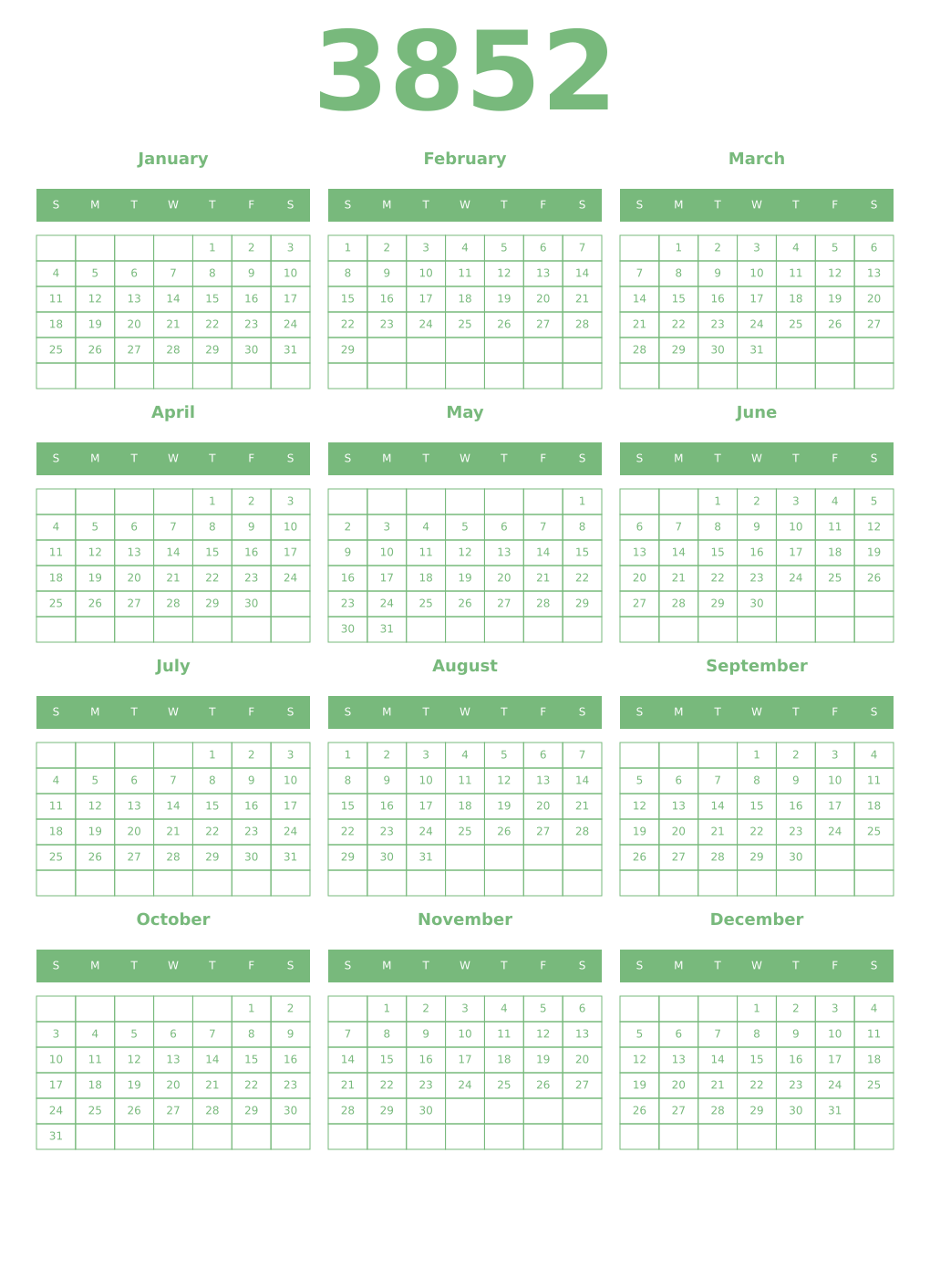 Printable 3852 Year Calendars celadon