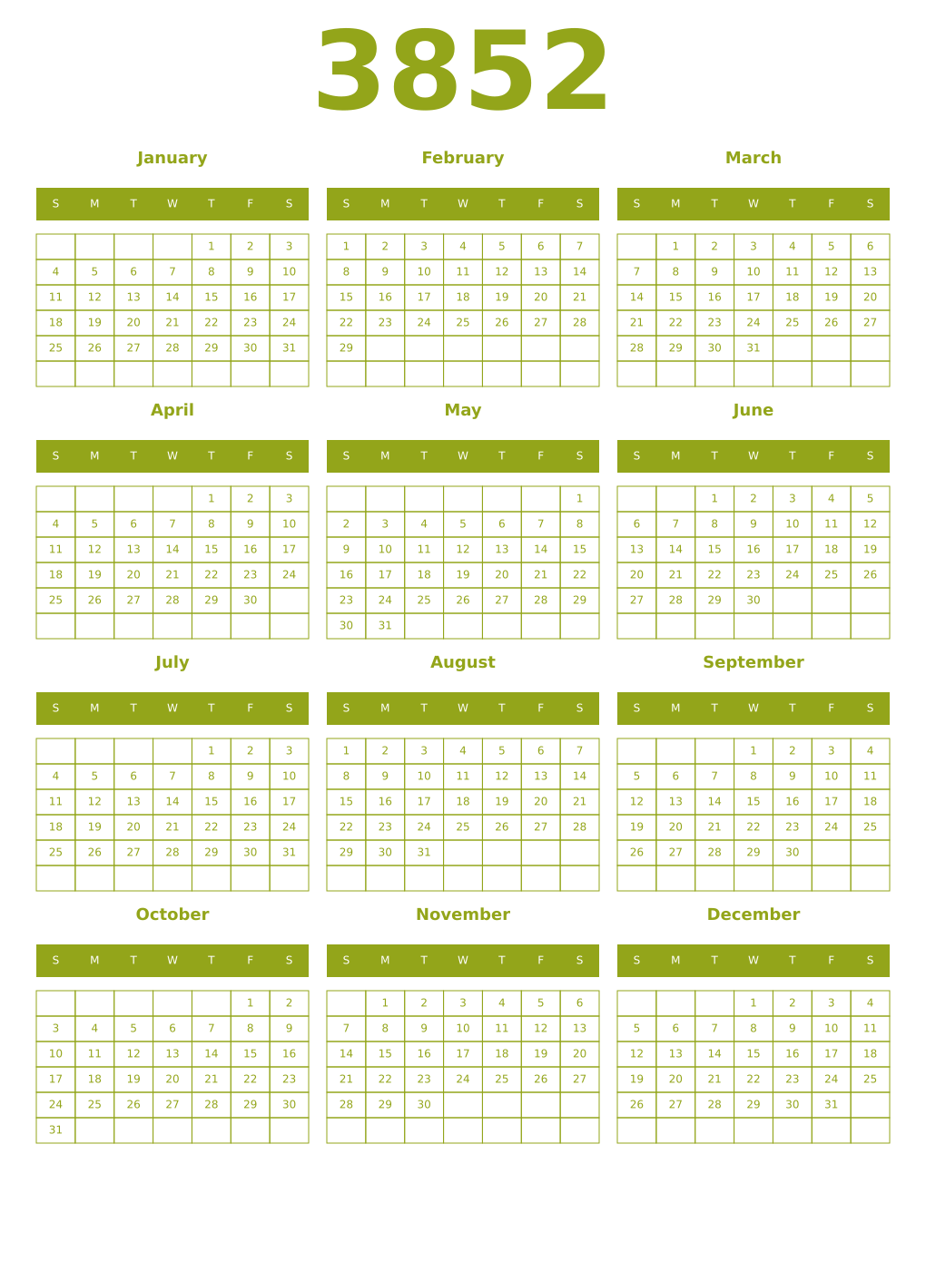 Printable 3852 Year Calendars chartreuse