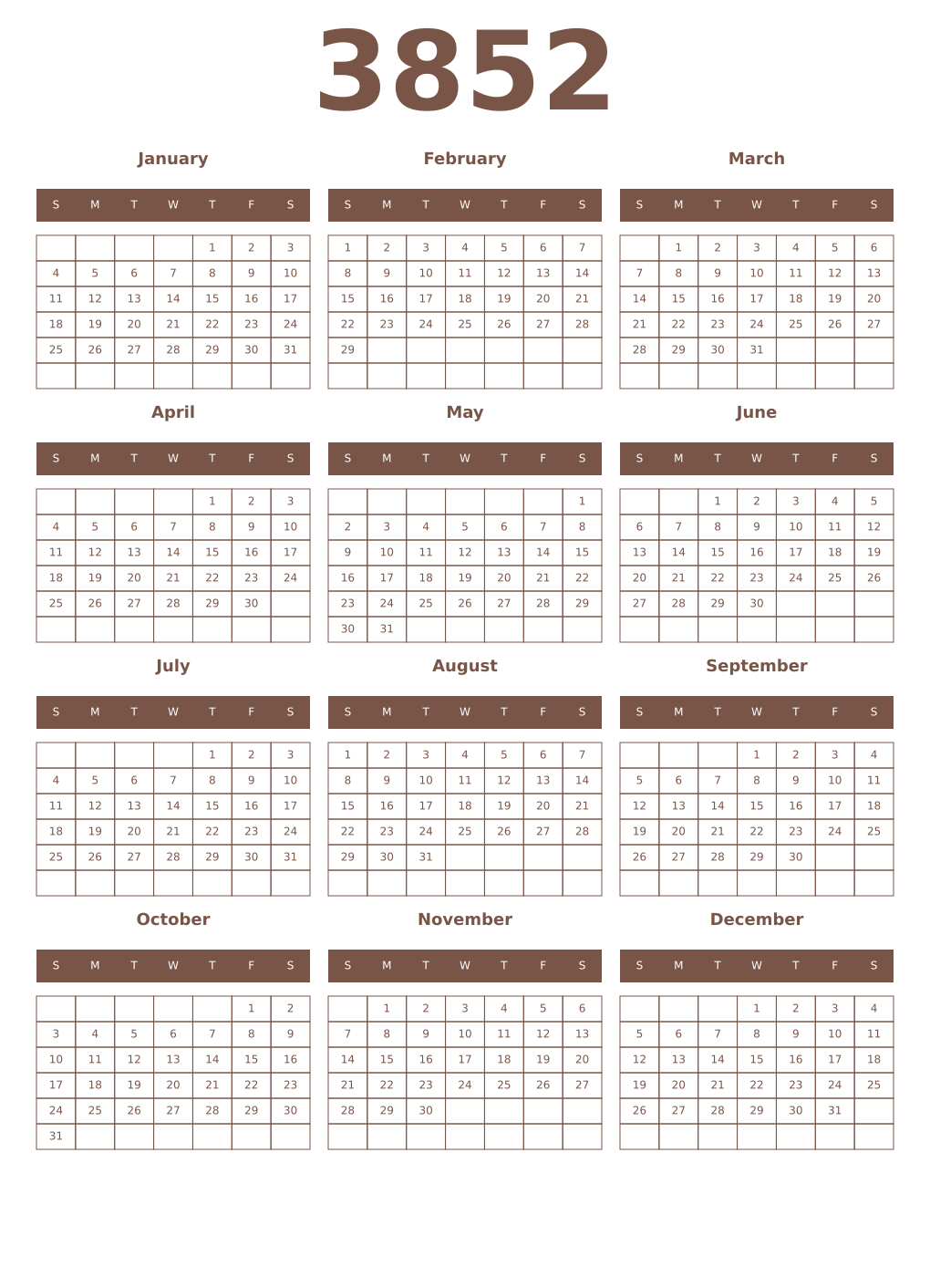 Printable 3852 Year Calendars coffe