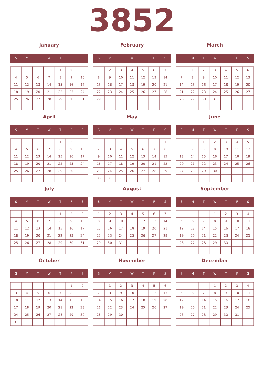 Printable 3852 Year Calendars cordovan
