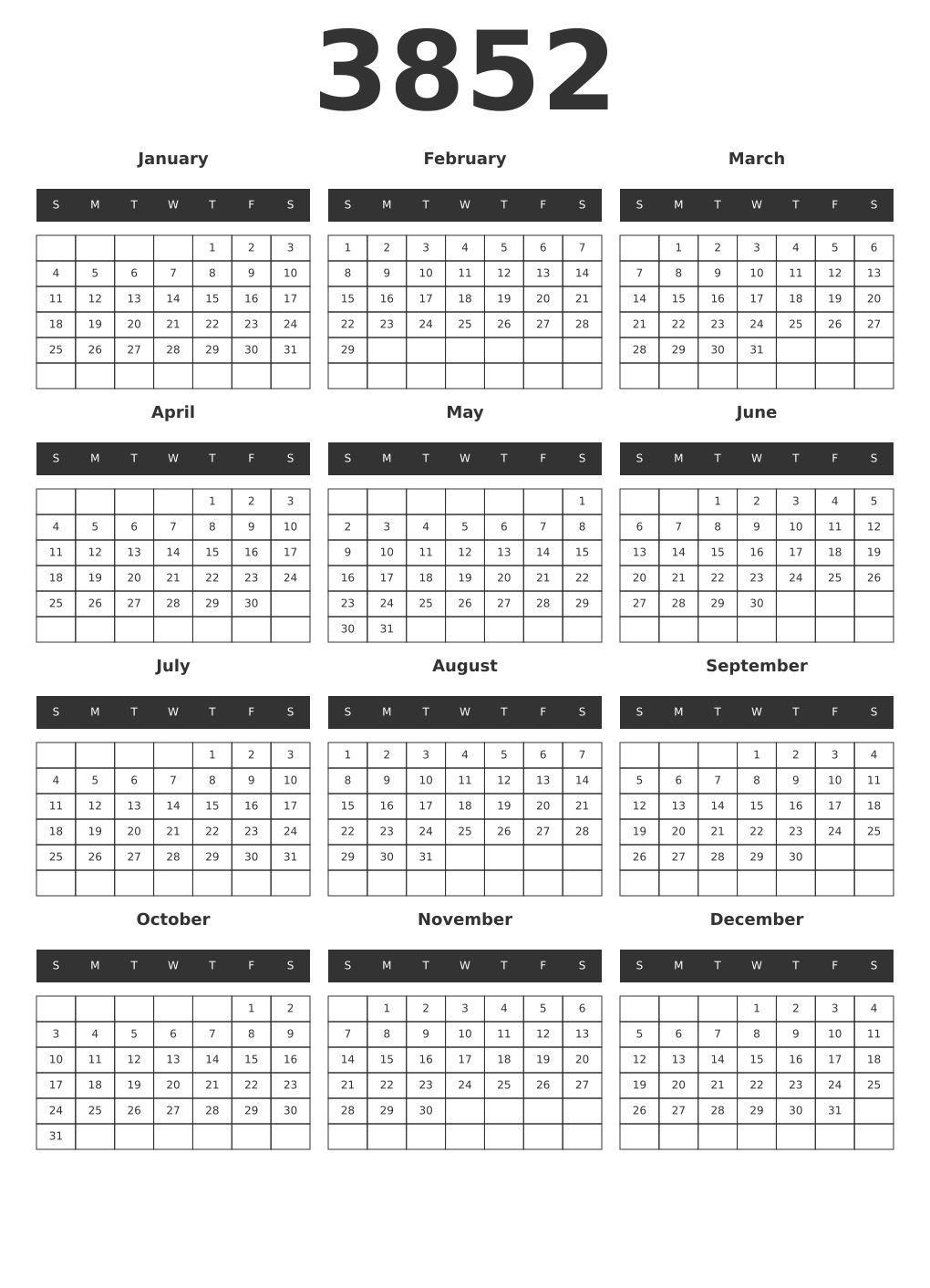 Printable 3852 Year Calendars dark