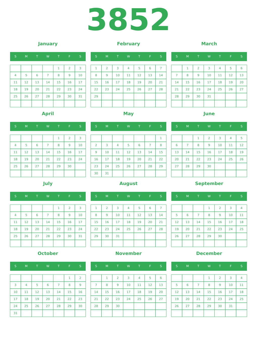 Printable 3852 Year Calendars green