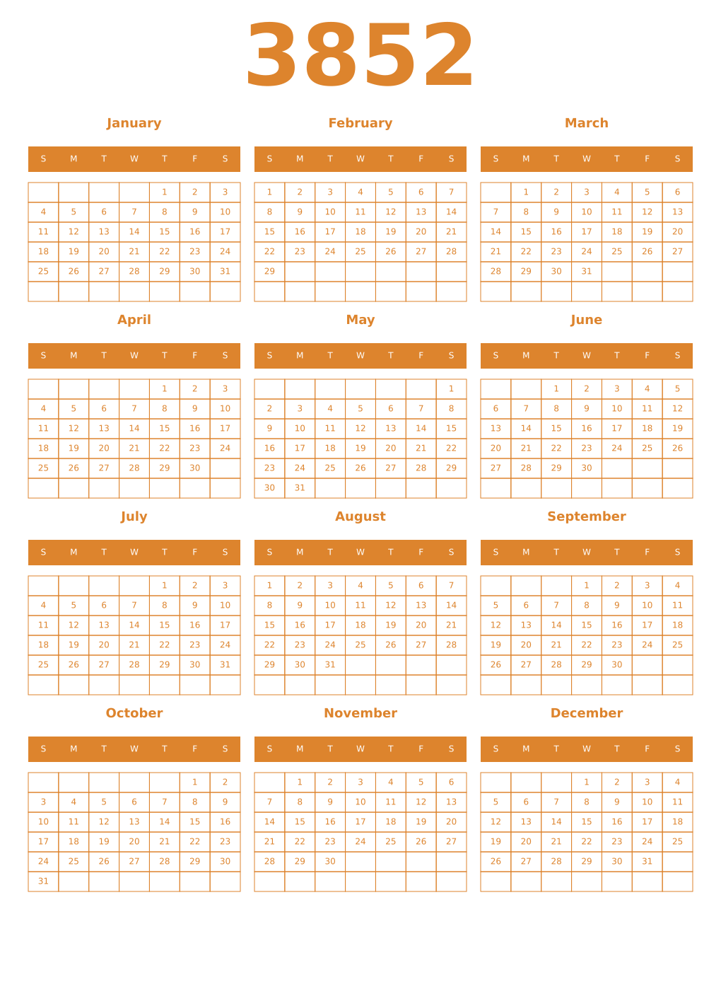 Printable 3852 Year Calendars orange