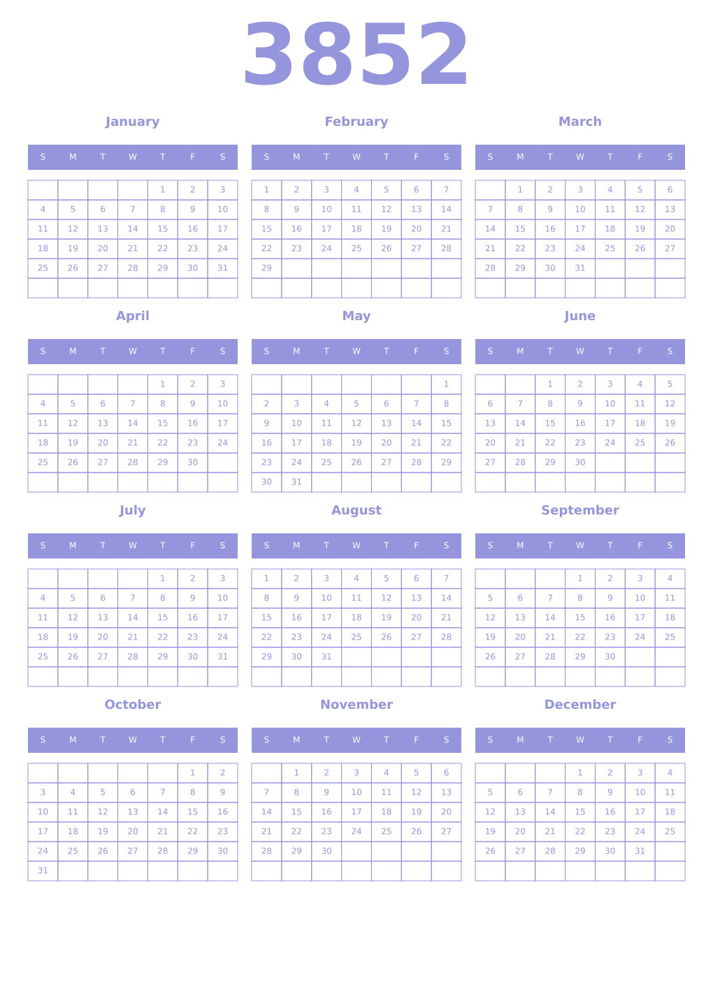 Printable 3852 Year Calendars periwinkle