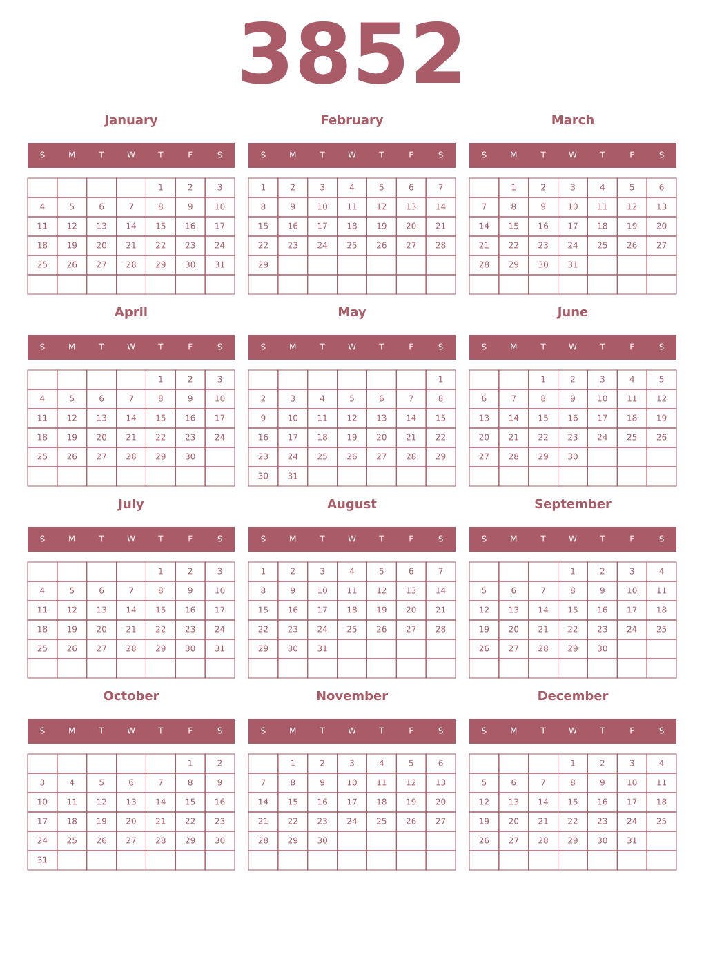 Printable 3852 Year Calendars puce