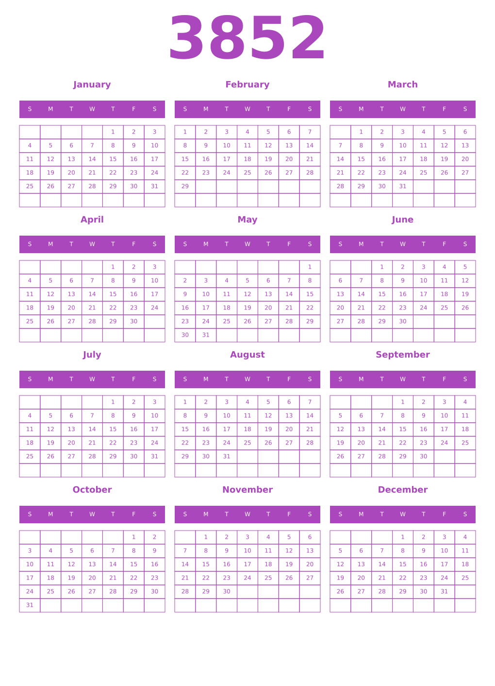 Printable 3852 Year Calendars purple