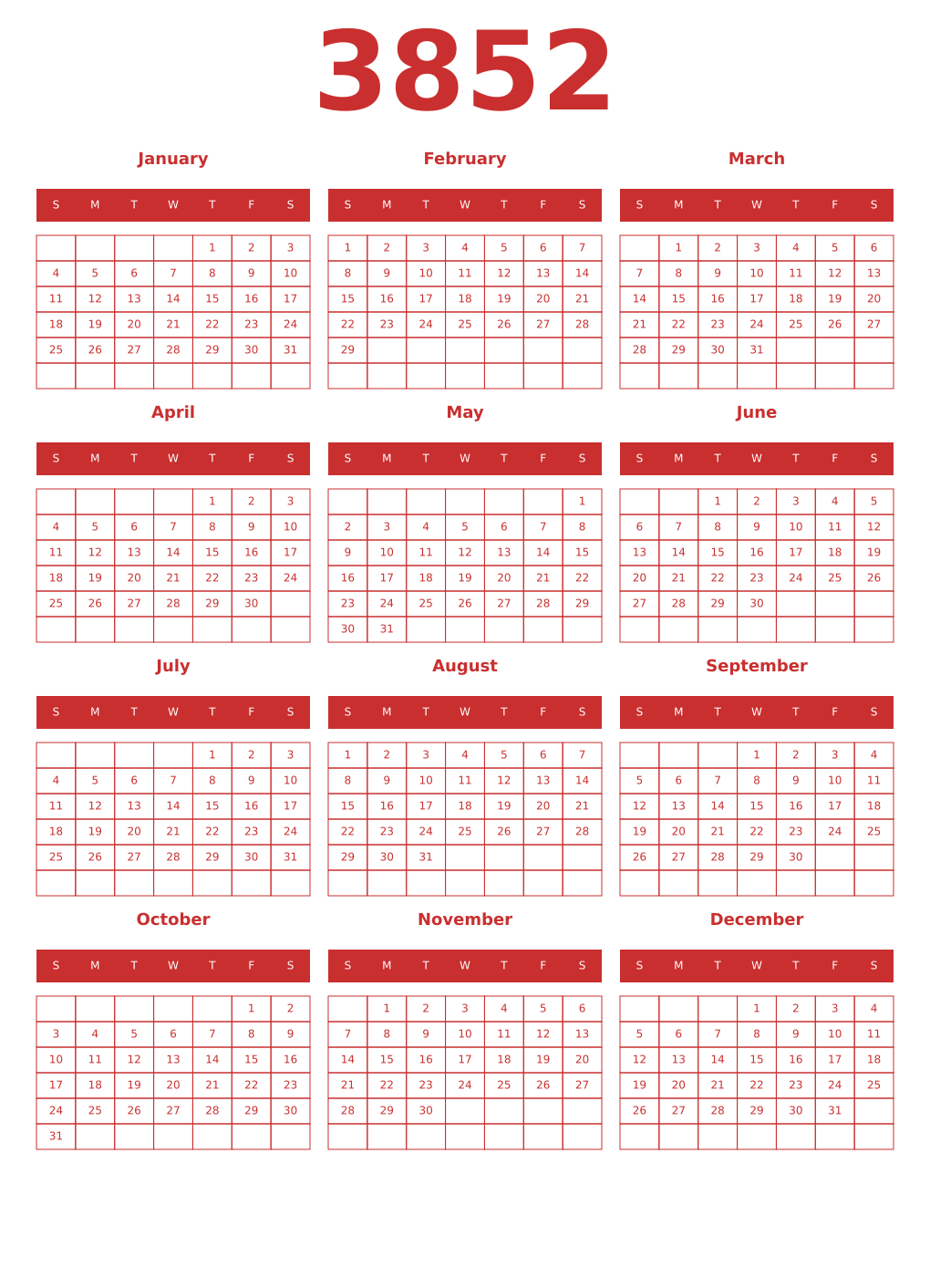 Printable 3852 Year Calendars red