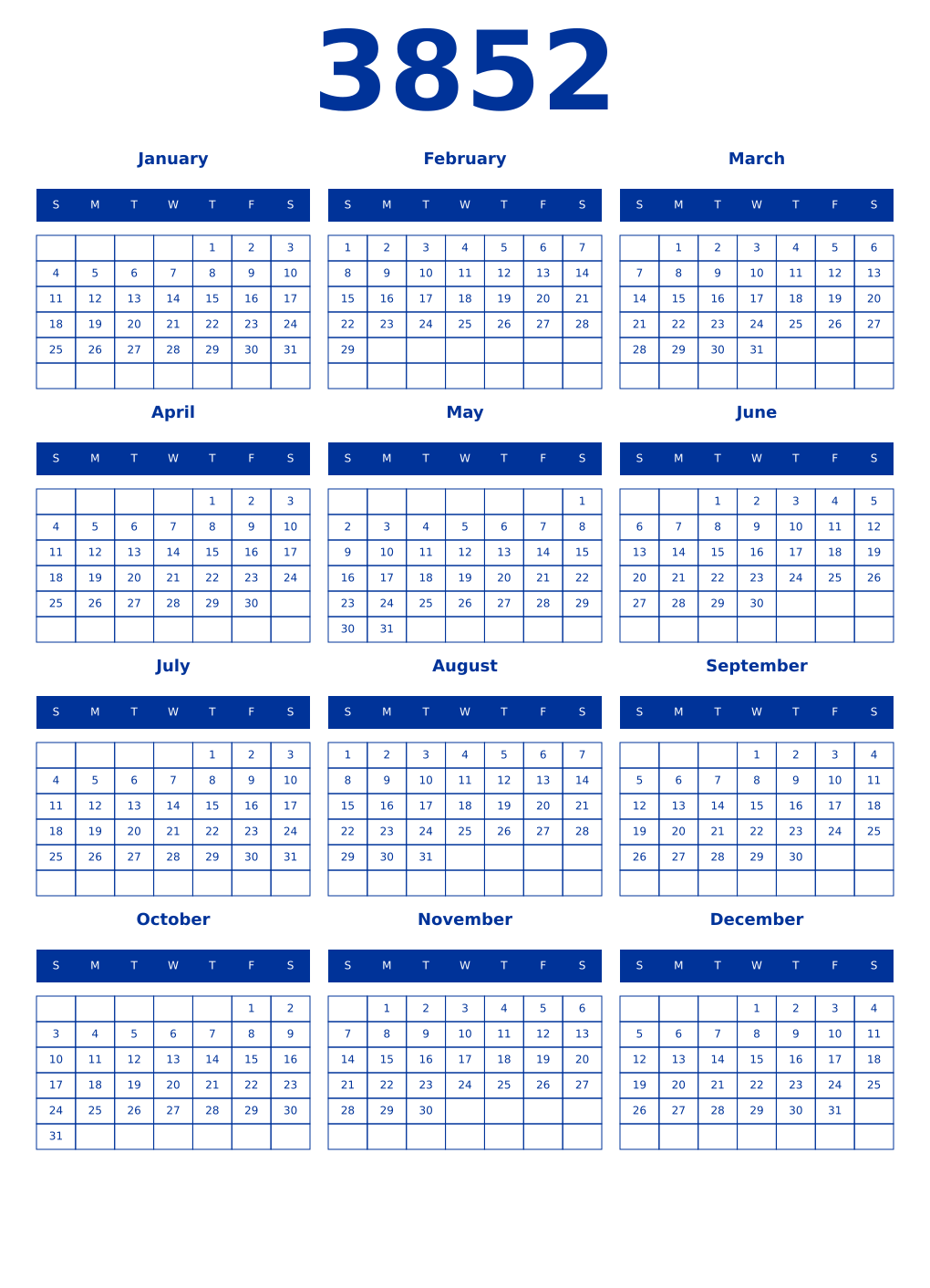 Printable 3852 Year Calendars smalt