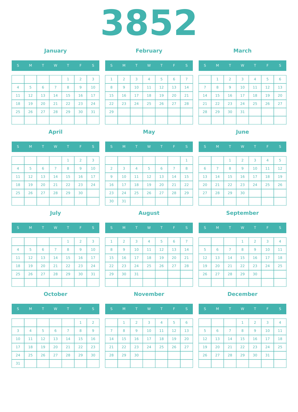 Printable 3852 Year Calendars verdigris