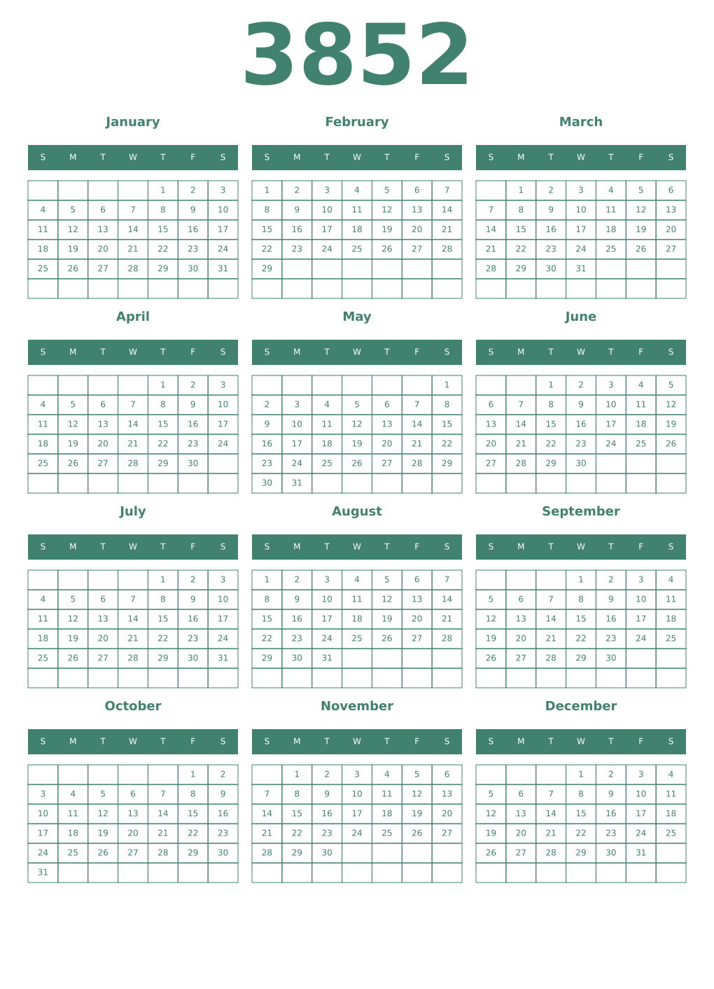 Printable 3852 Year Calendars viridian